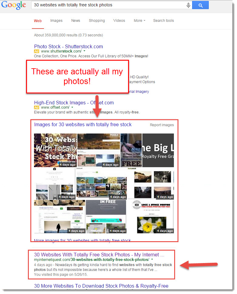 google search results for 30 websites with totally free stock photos