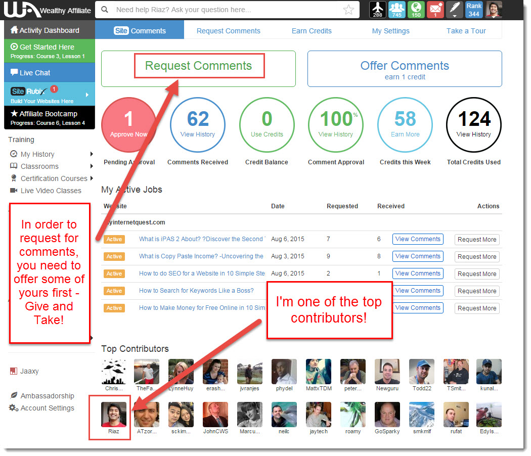 Site Comments at Wealthy Affiliate Riaz