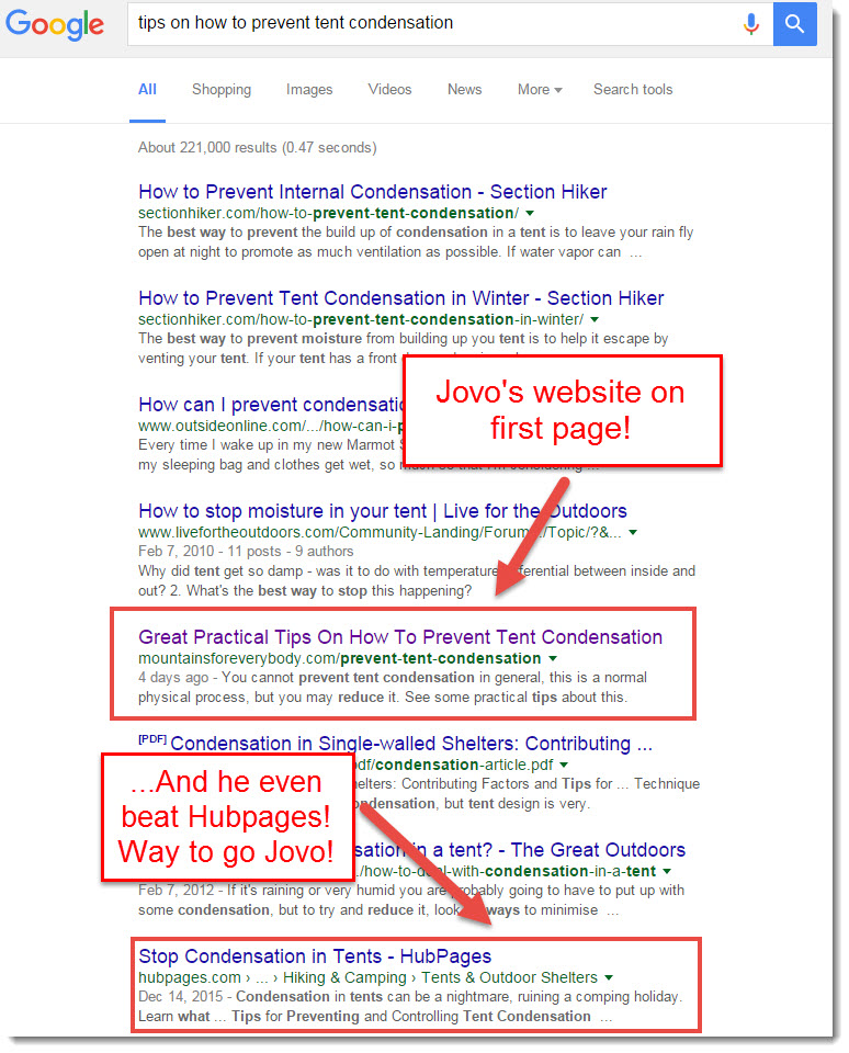 google search results on tips on how to prevent tent condensation